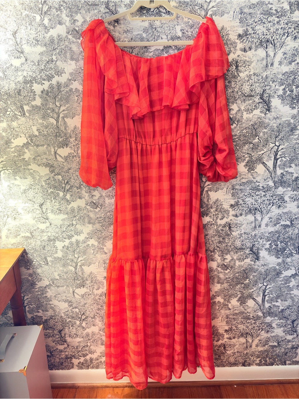 Koko + Mason Maxi Dress Sheer Gingham Red Off Shoulder Tiered NWT Medium